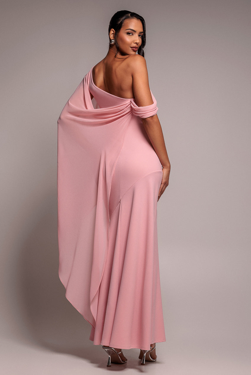 One Shoulder Cape Scuba & Chiffon Maxi Dress - Blush Pink DR4899