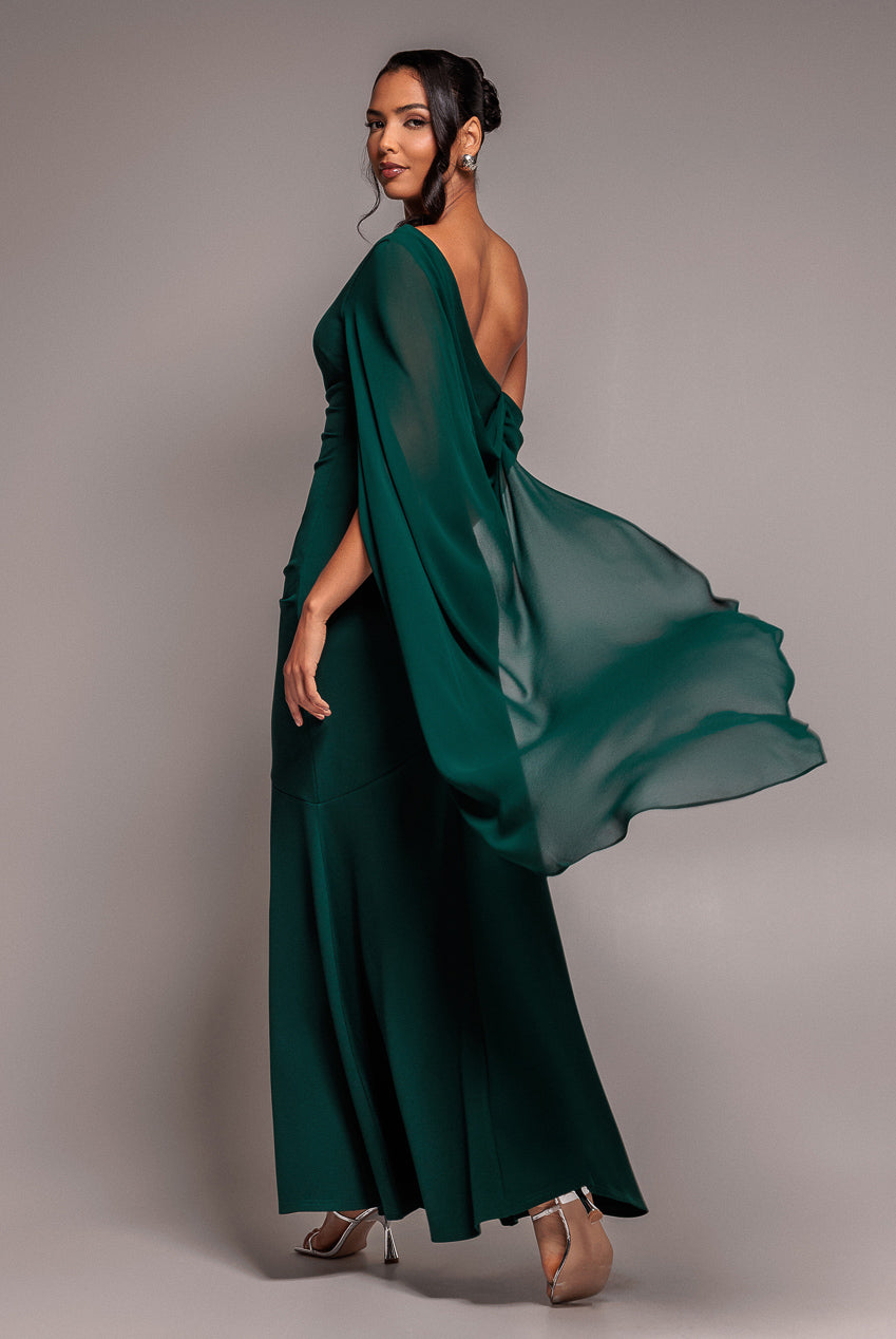 One Shoulder Cape Scuba & Chiffon Maxi Dress - Emerald Green DR4899