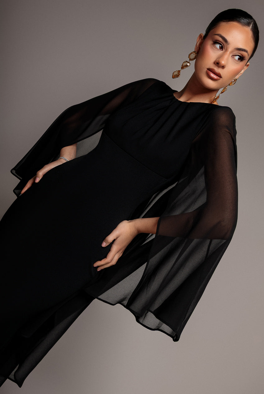 Cape Sleeve Chiffon And Scuba Crepe Maxi Dress - Black DR4900