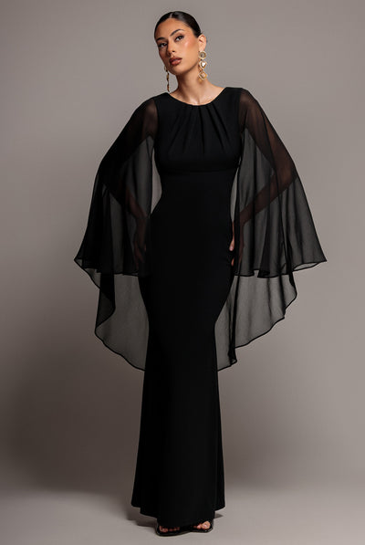 Black - Cape Sleeve Chiffon And Scuba Crepe Maxi Dress - Black by Goddiva