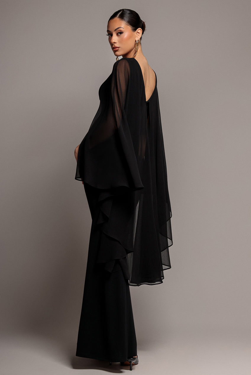 Cape Sleeve Chiffon And Scuba Crepe Maxi Dress - Black DR4900