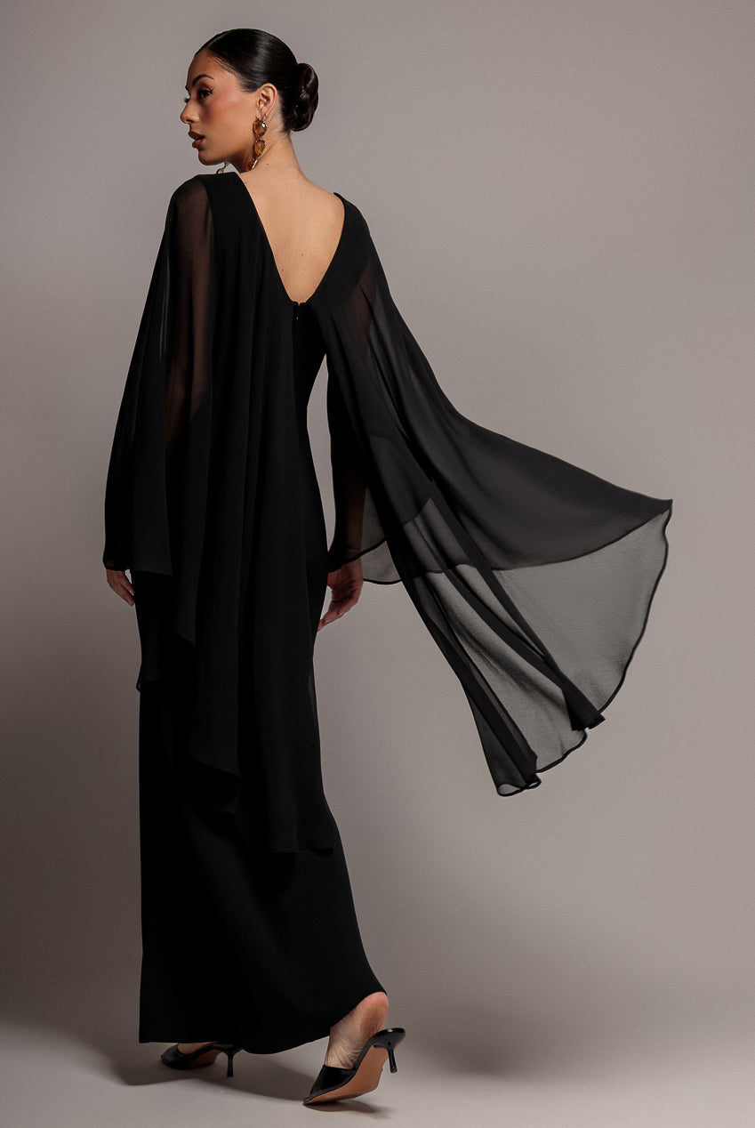 Cape Sleeve Chiffon And Scuba Crepe Maxi Dress - Black DR4900