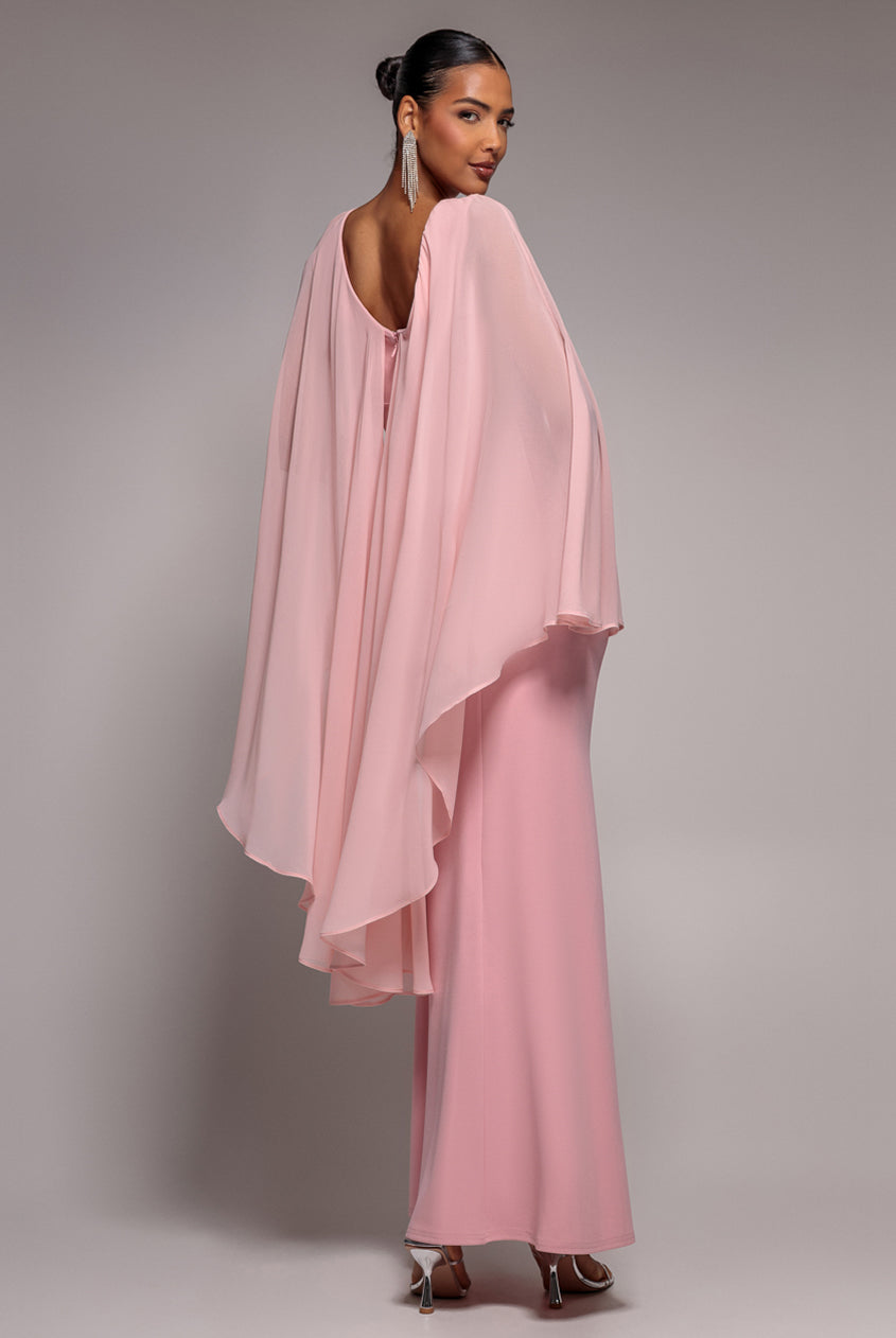 Cape Sleeve Chiffon And Scuba Crepe Maxi Dress - Blush Pink DR4900