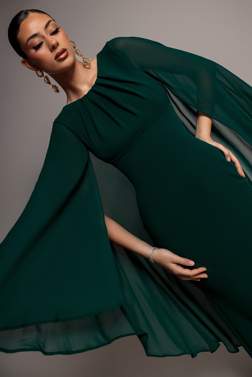 Cape Sleeve Chiffon And Scuba Crepe Maxi Dress - Emerald Green DR4900