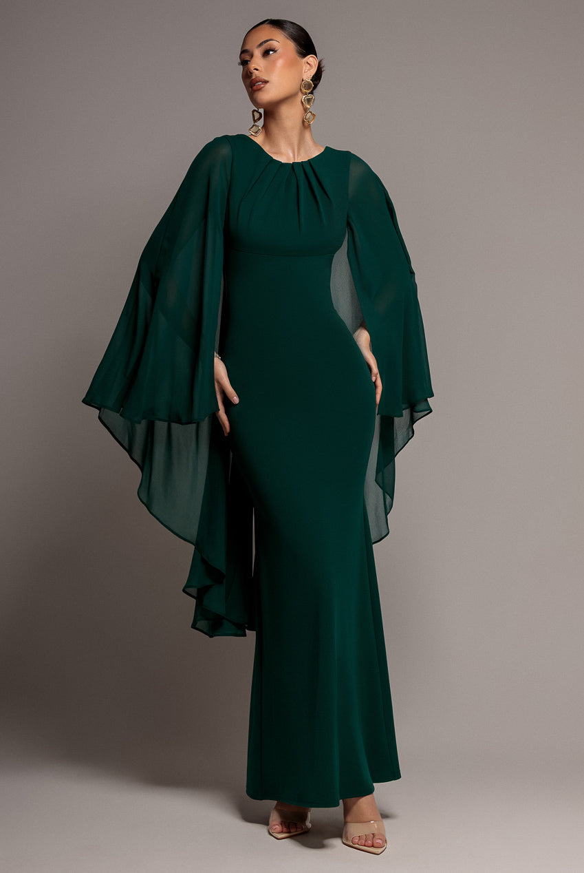 Cape Sleeve Chiffon And Scuba Crepe Maxi Dress - Emerald Green DR4900