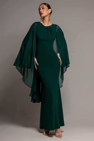 Emerald Green - Cape Sleeve Chiffon And Scuba Crepe Maxi Dress - Emerald Green by Goddiva