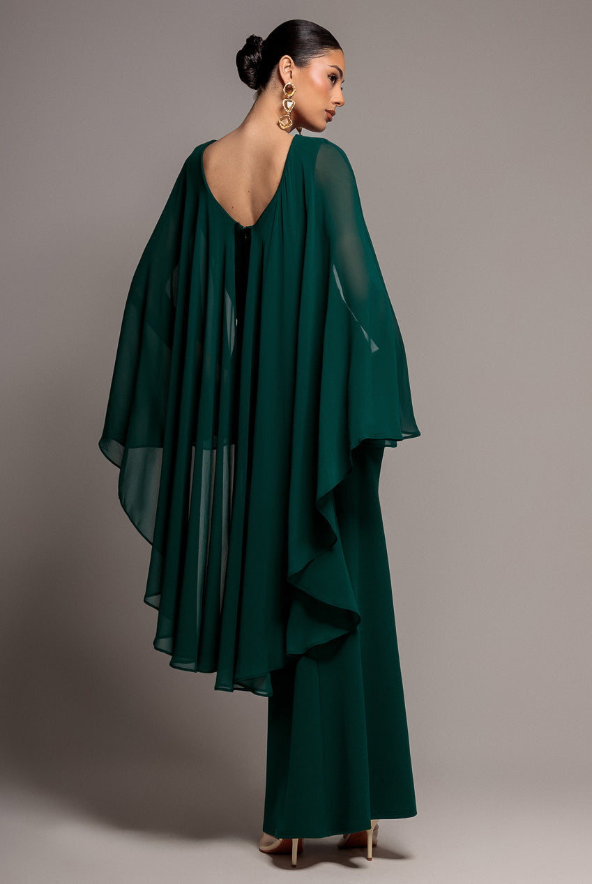 Cape Sleeve Chiffon And Scuba Crepe Maxi Dress - Emerald Green DR4900