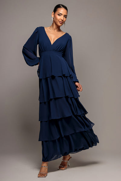 Navy - Tiered Chiffon Wrap Maxi Dress - Navy Blue by Goddiva