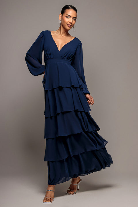Tiered Chiffon Wrap Maxi Dress - Navy Blue by Goddiva