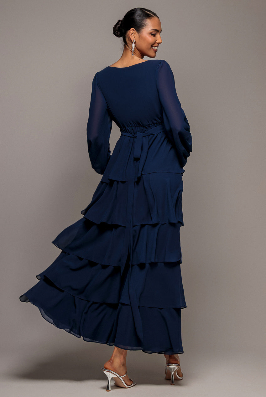 Tiered Chiffon Wrap Maxi Dress - Navy Blue DR4903BBS