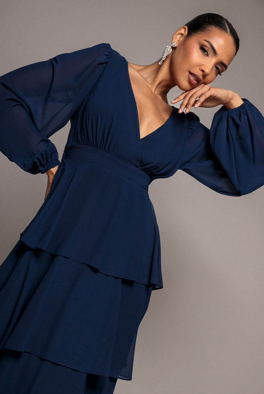Tiered Chiffon Wrap Maxi Dress - Navy Blue DR4903BBS