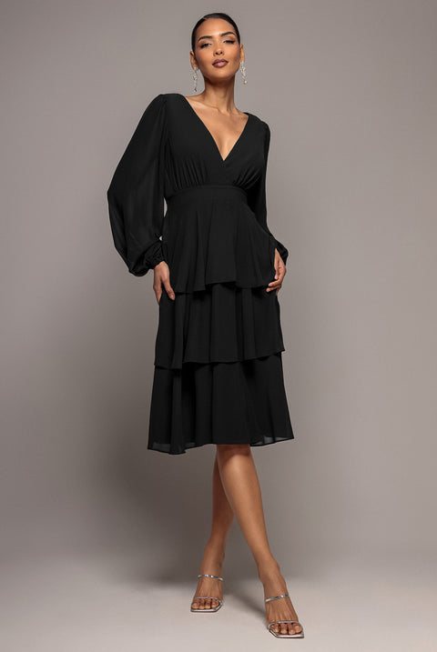 Tiered Chiffon Wrap Midi Dress - Black by Goddiva