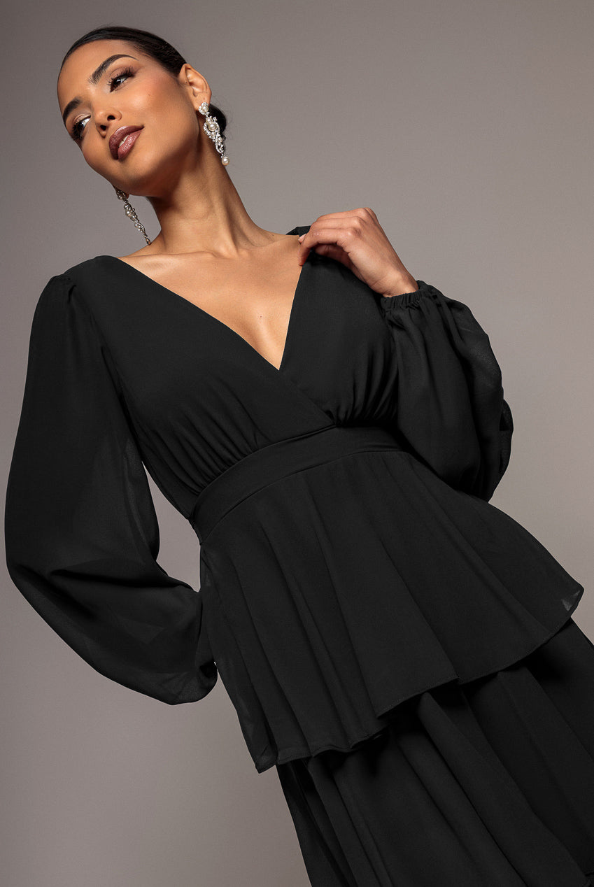 Tiered Chiffon Wrap Midi Dress - Black DR4907BBS