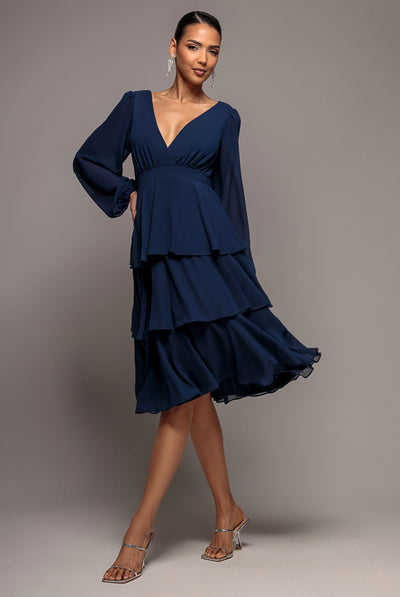 Navy - Tiered Chiffon Wrap Midi Dress - Navy Blue by Goddiva