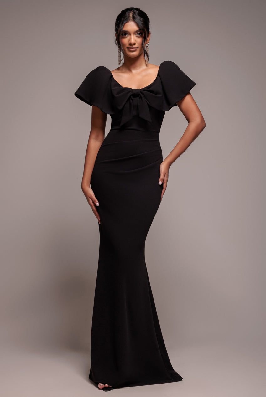 Cape Sleeve Detail Front Tie Maxi Dress - Black DR4908