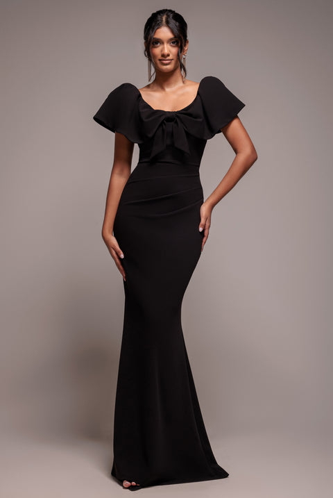 Cape Sleeve Detail Front Tie Maxi Dress - Black by Goddiva