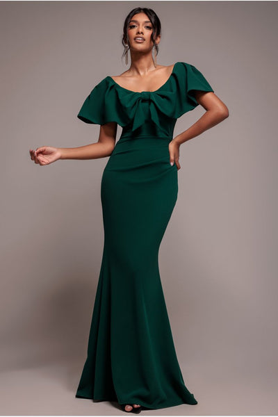 Emerald - Cape Sleeve Detail Front Tie Maxi Dress - Emerald Green by Goddiva