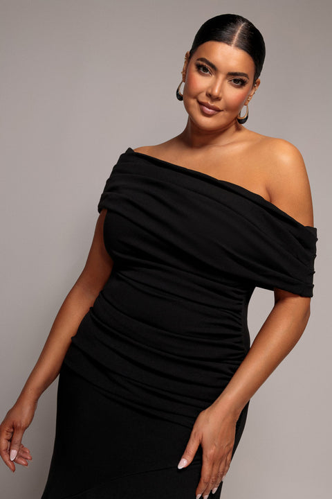 One Shoulder Fit And Flare Maxi Dress - Black by Goddiva Plus