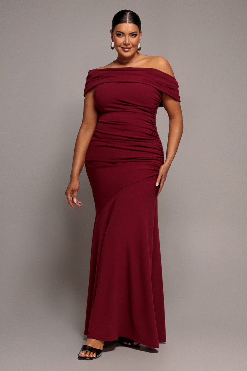 One Shoulder Fit And Flare Maxi Dress - Burgundy DR4909PLUS