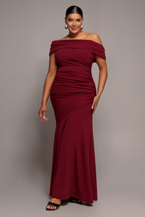 One Shoulder Fit And Flare Maxi Dress - Burgundy by Goddiva Plus