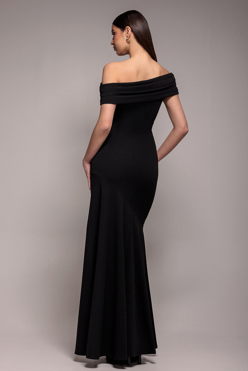Pleated One Shoulder Bardot Fit And Flare Maxi Dress - Black DR4909
