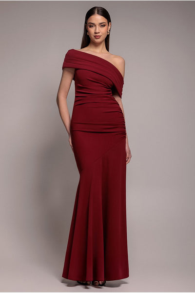 Burgundy - Pleated One Shoulder Bardot Fit And Flare Maxi Dress - Burgundy by Goddiva