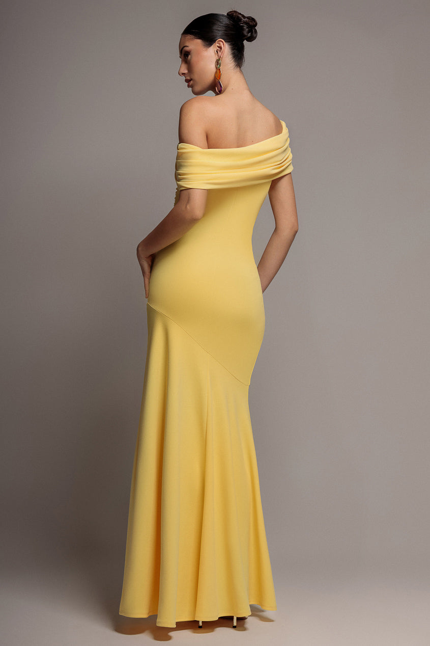 Pleated One Shoulder Bardot Fit And Flare Maxi Dress - Butter Yellow DR4909