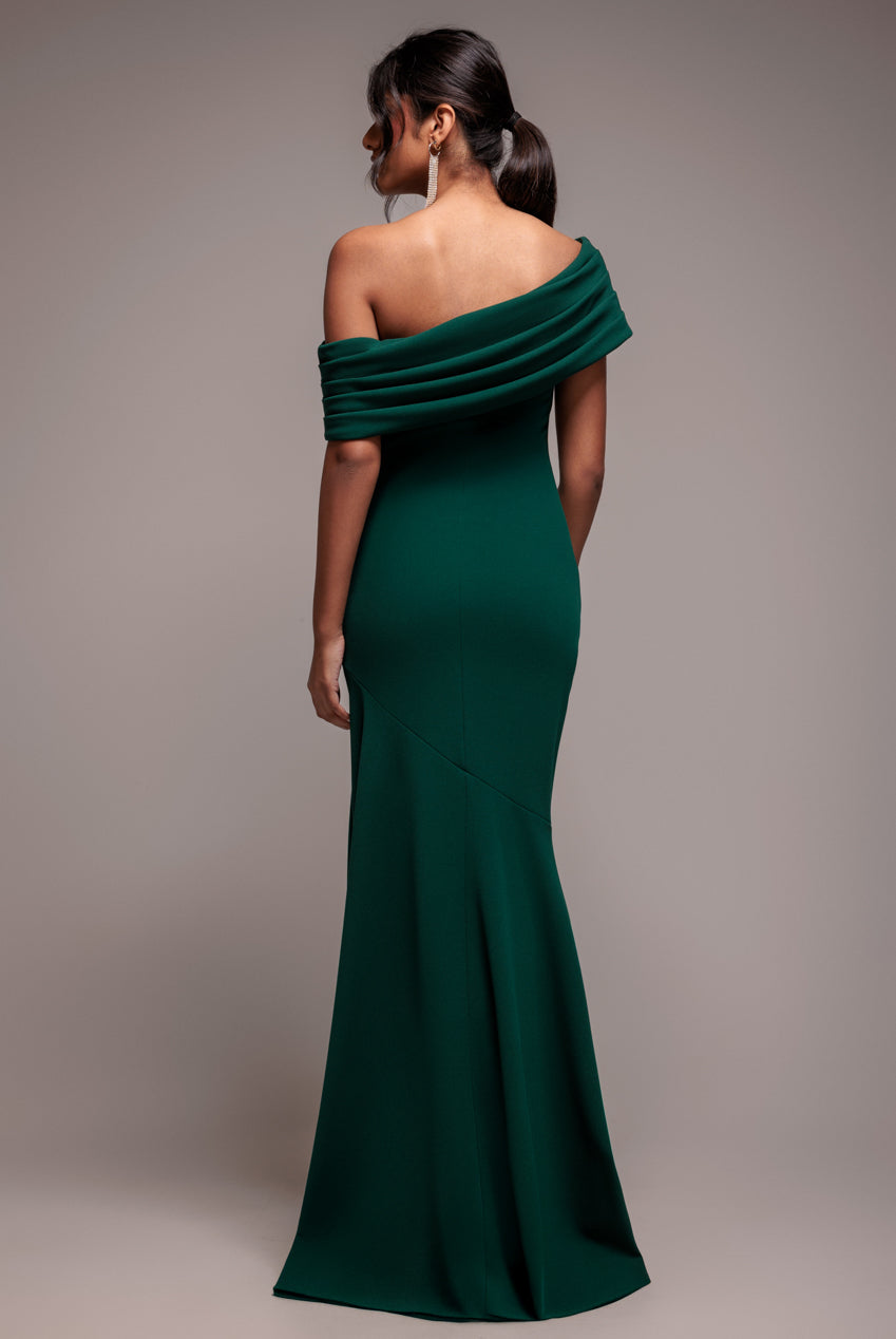 Pleated One Shoulder Bardot Fit And Flare Maxi Dress - Emerald Green DR4909