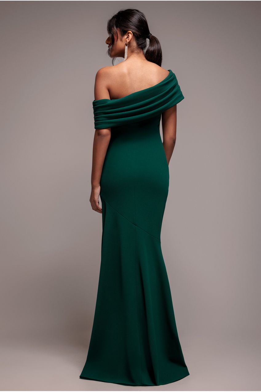 Pleated One Shoulder Bardot Fit And Flare Maxi Dress - Emerald Green | Goddiva Pleated One Shoulder Bardot Fit And Flare Maxi Dress - Emerald Green | Goddiva