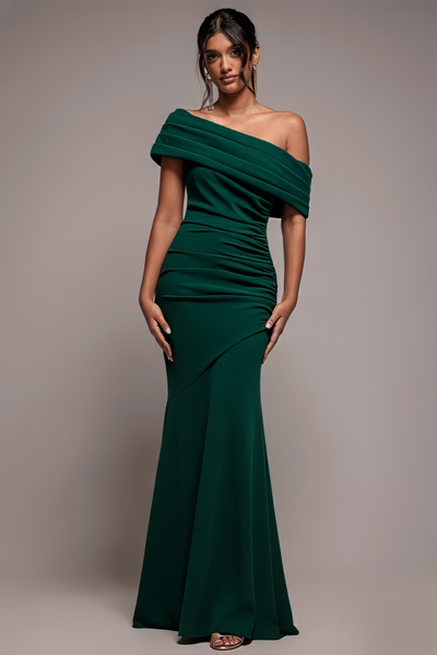 Pleated One Shoulder Bardot Fit And Flare Maxi Dress - Emerald Green by Goddiva