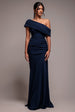 Pleated One Shoulder Bardot Fit And Flare Maxi Dress - Navy Blue by Goddiva