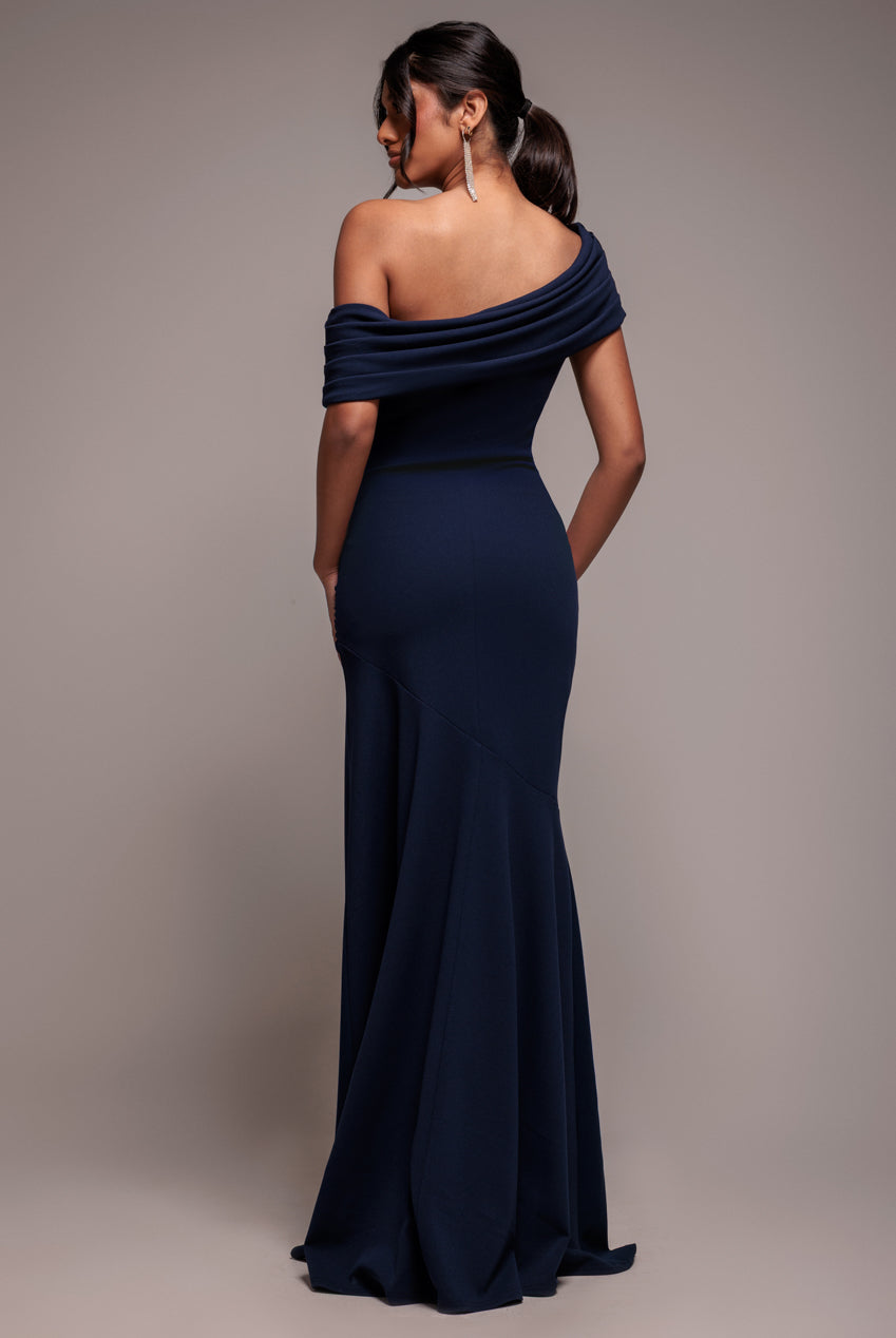 Pleated One Shoulder Bardot Fit And Flare Maxi Dress - Navy Blue DR4909