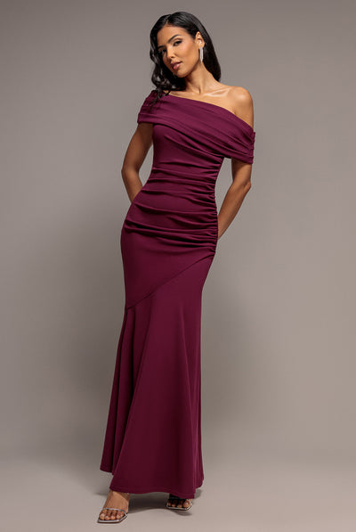 Plum - Pleated One Shoulder Bardot Fit And Flare Maxi Dress - Plum by Goddiva