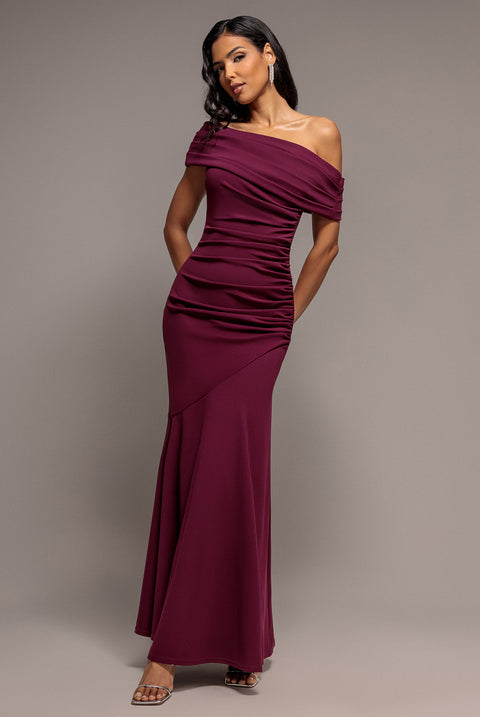 Pleated One Shoulder Bardot Fit And Flare Maxi Dress - Plum by Goddiva