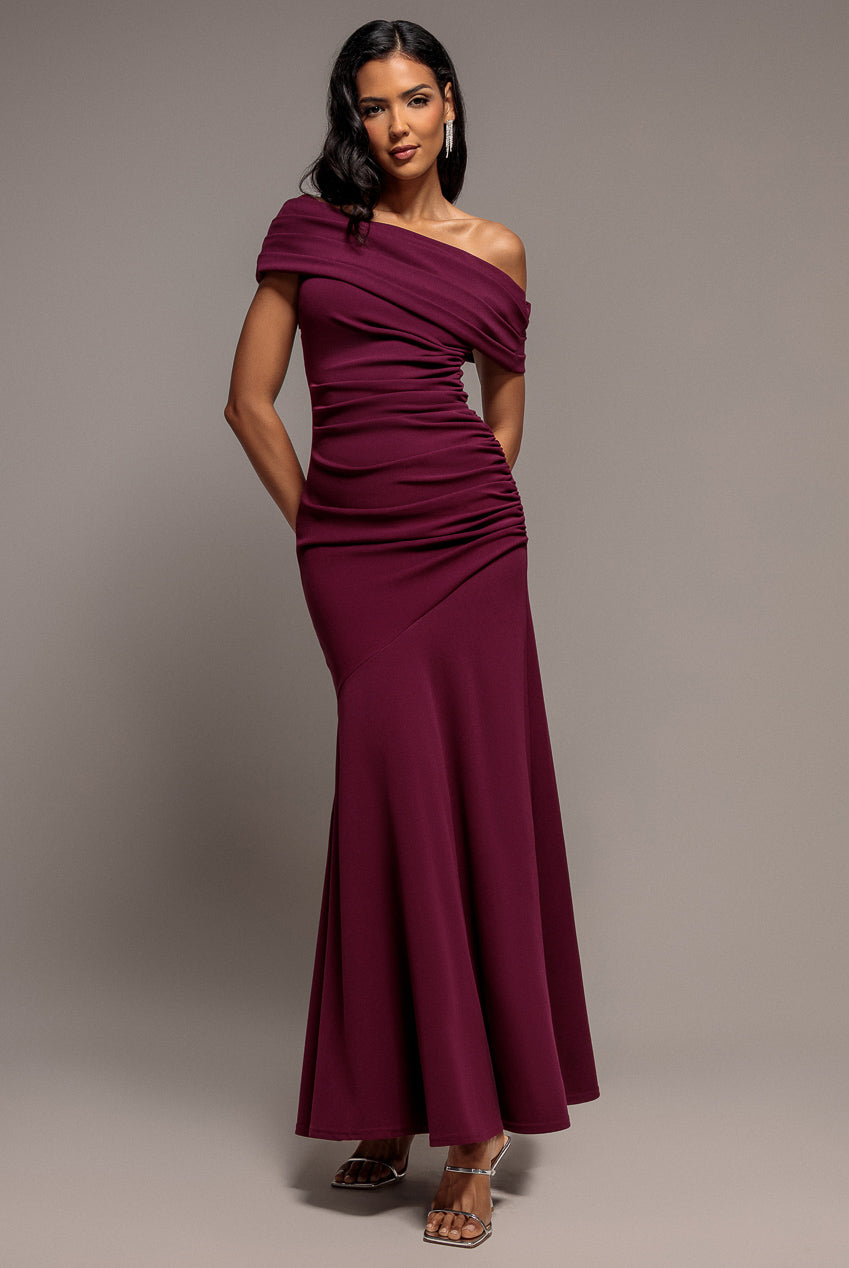 Pleated One Shoulder Bardot Fit And Flare Maxi Dress - Plum DR4909