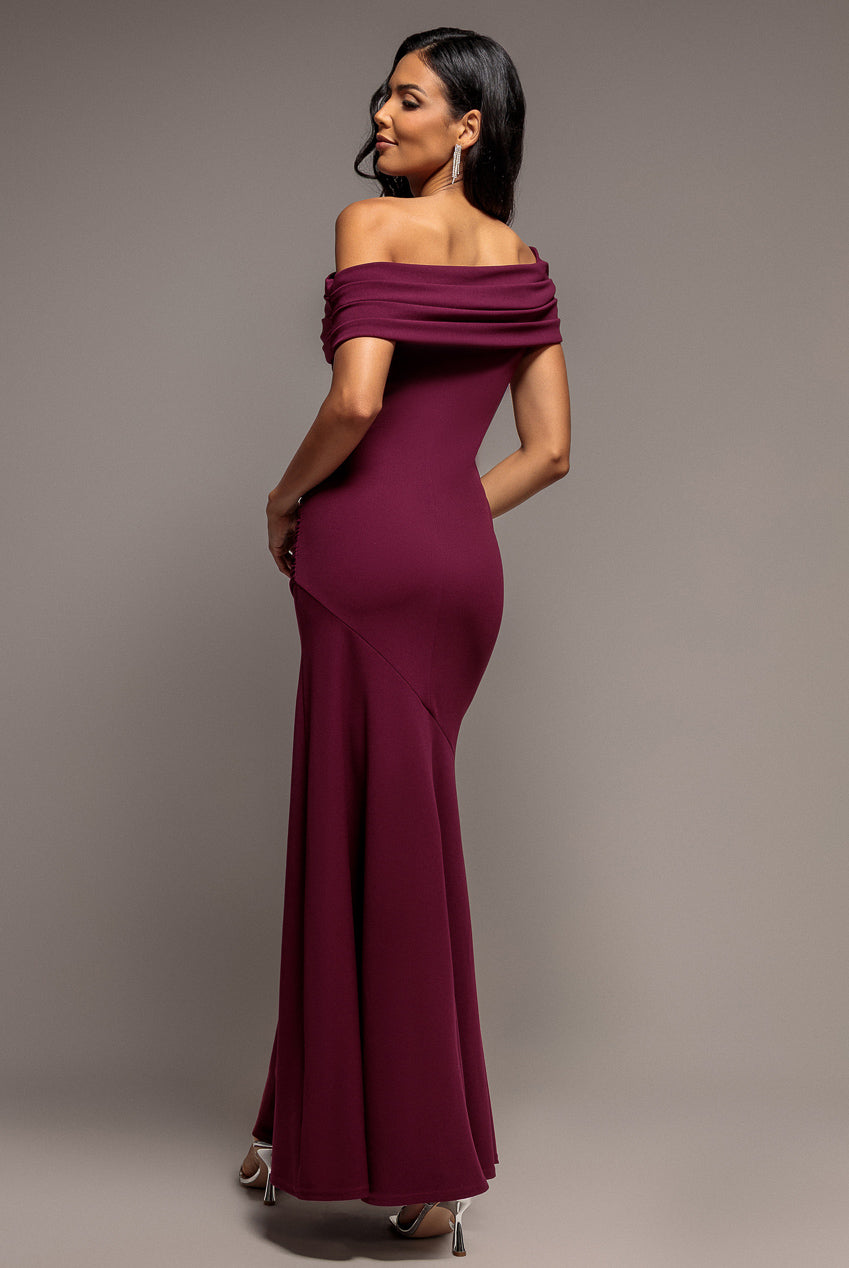 Pleated One Shoulder Bardot Fit And Flare Maxi Dress - Plum DR4909