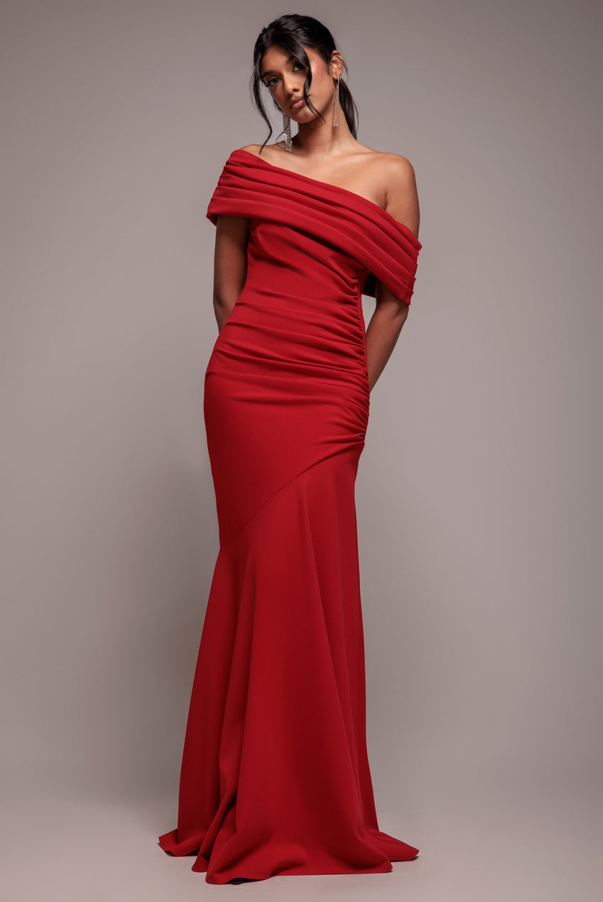 Pleated One Shoulder Bardot Fit And Flare Maxi Dress - Red DR4909