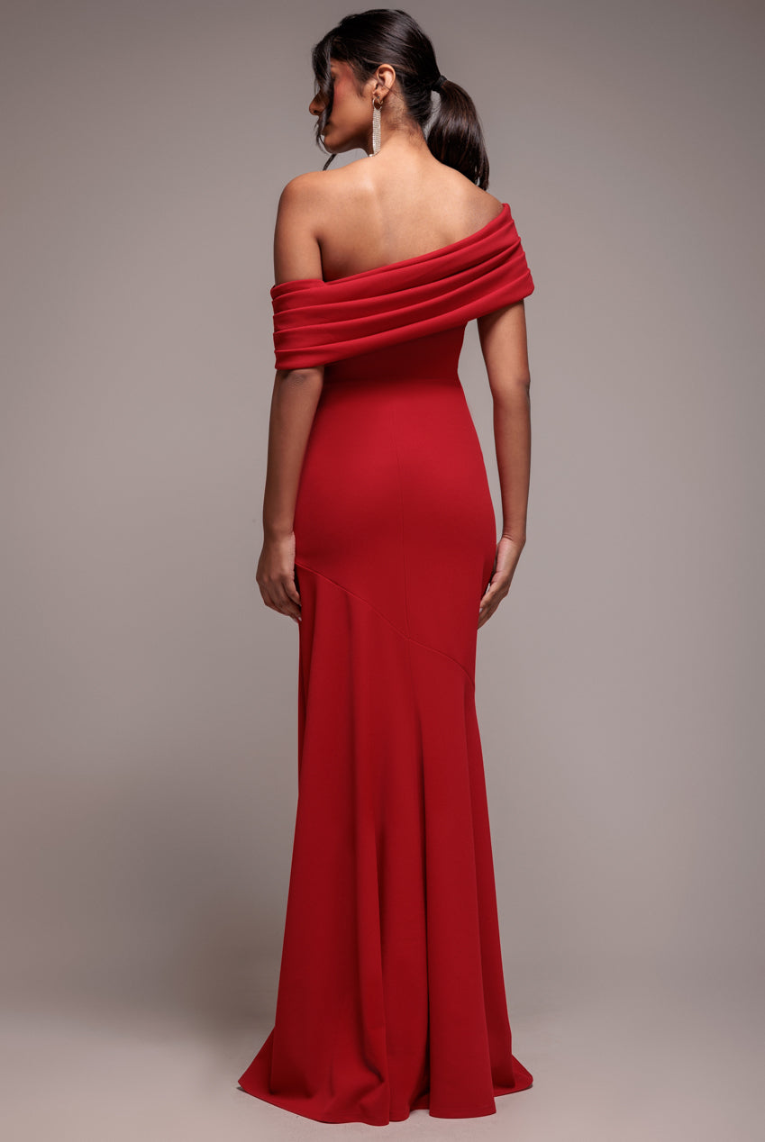 Pleated One Shoulder Bardot Fit And Flare Maxi Dress - Red DR4909