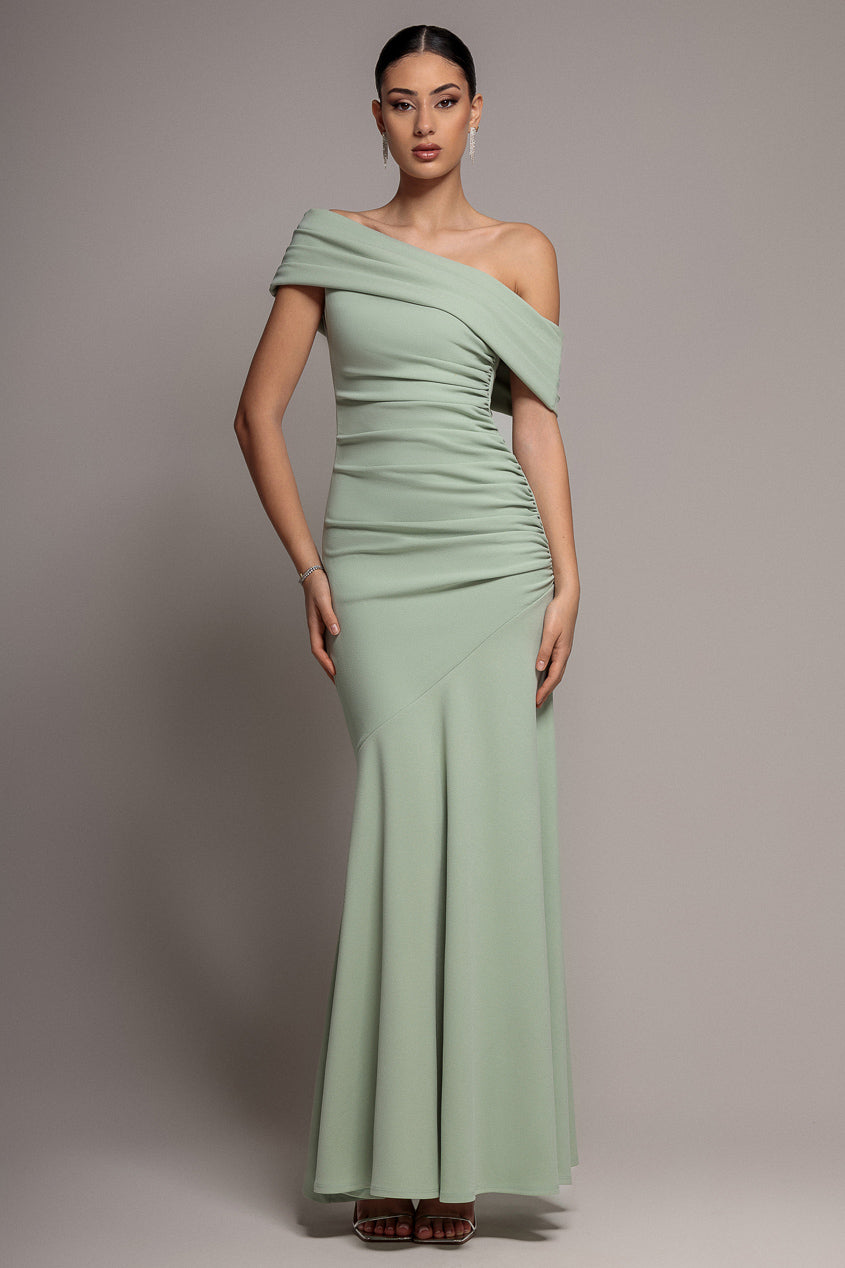 Pleated One Shoulder Bardot Fit And Flare Maxi Dress