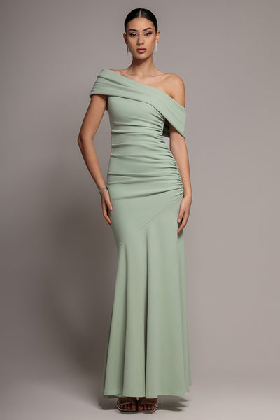 Pleated One Shoulder Bardot Fit And Flare Maxi Dress - Navy Blue | Goddiva