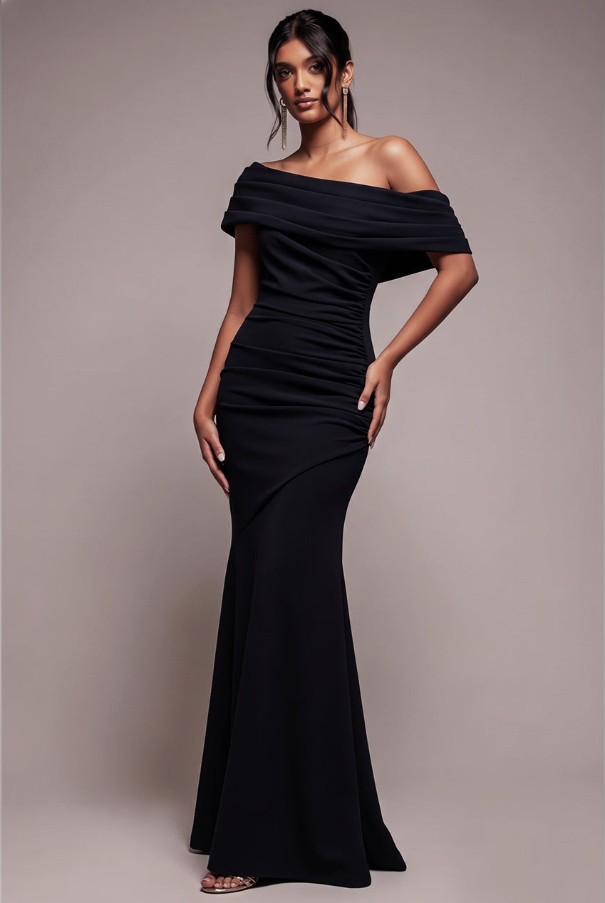 Pleated One Shoulder Bardot Fit And Flare Maxi Dress - Black DR4909
