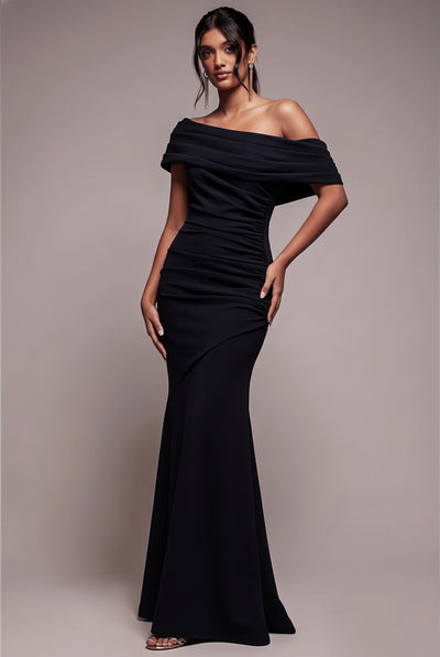 Pleated One Shoulder Bardot Fit And Flare Maxi Dress - Black by Goddiva