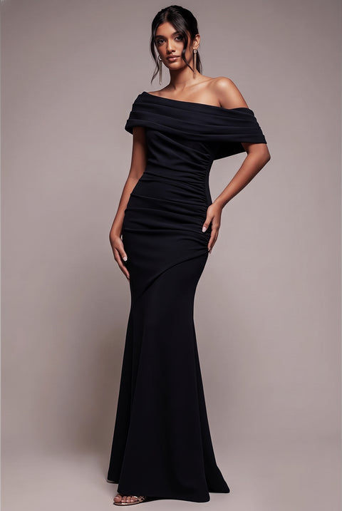 Pleated One Shoulder Bardot Fit And Flare Maxi Dress - Black by Goddiva