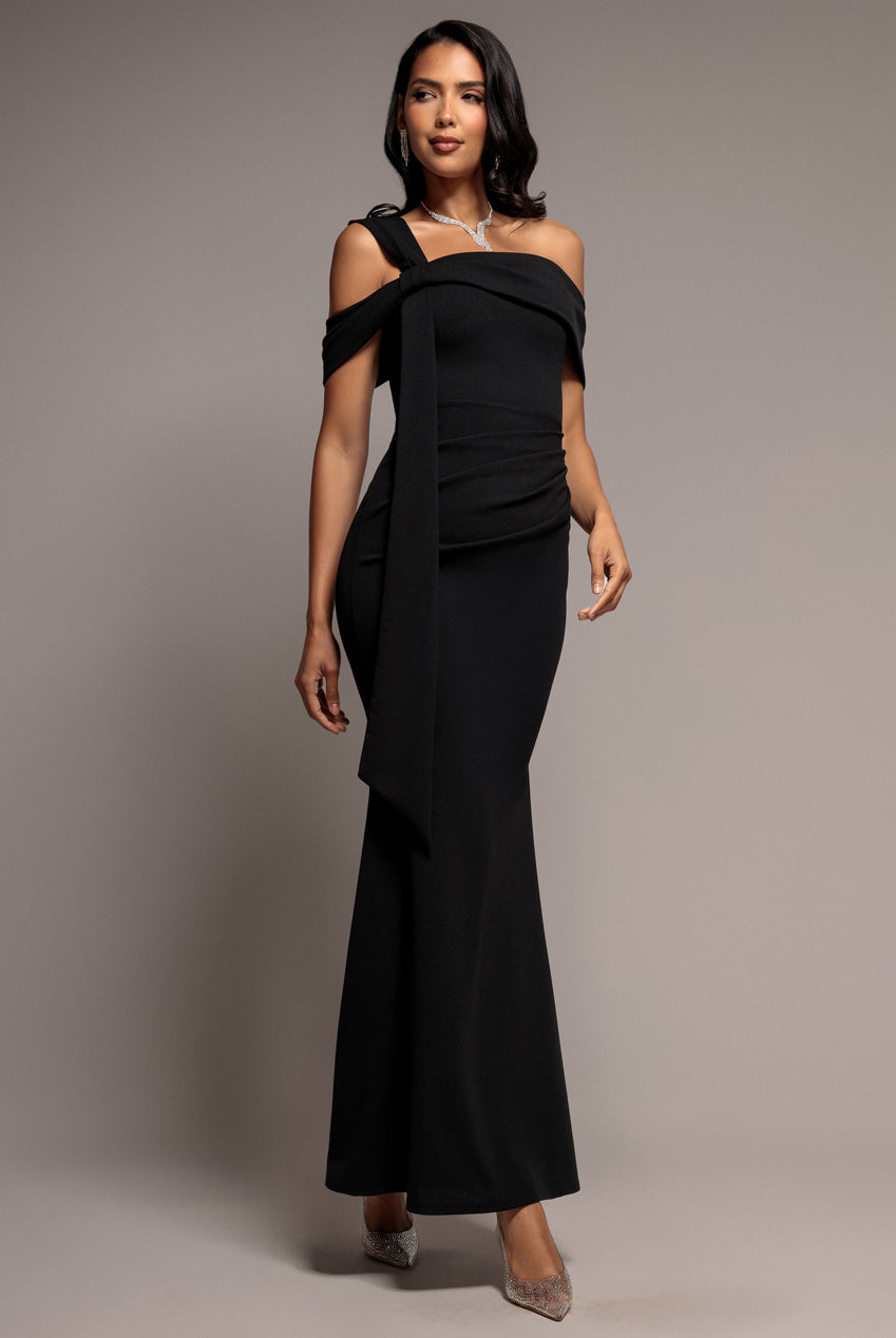 One Shoulder Twisted Bardot Asymmetric Mermaid Maxi Dress - Black DR4910