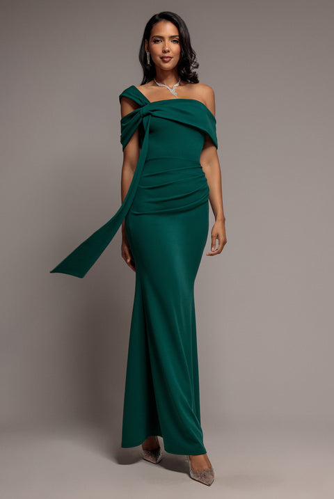 One Shoulder Twisted Bardot Asymmetric Mermaid Maxi Dress - Emerald Green by Goddiva