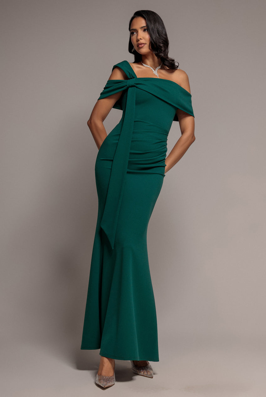 One Shoulder Twisted Bardot Asymmetric Mermaid Maxi Dress - Emerald Green DR4910