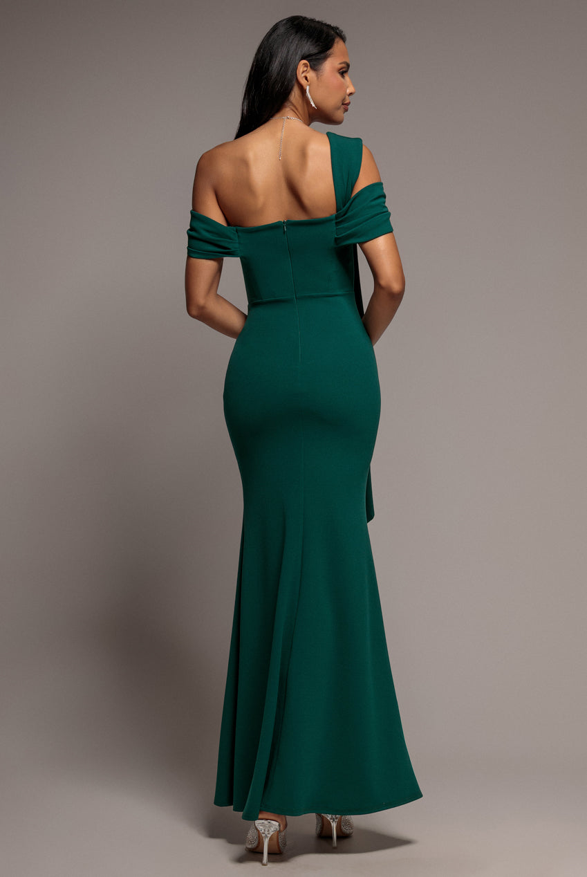 One Shoulder Twisted Bardot Asymmetric Mermaid Maxi Dress - Emerald Green DR4910