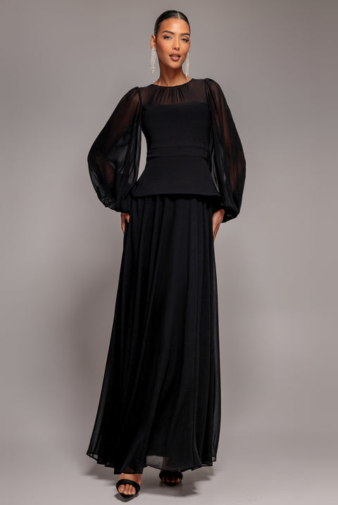 Bishop Sleeve Peplum Top Scuba Crepe And Chiffon Maxi Dress - Black by Goddiva