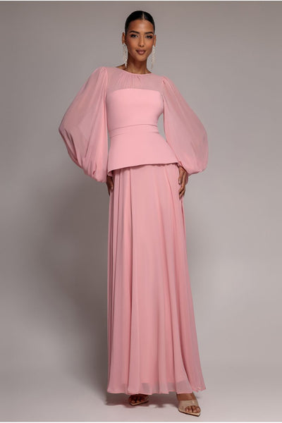 Blush - Bishop Sleeve Peplum Top Scuba Crepe And Chiffon Maxi Dress - Blush Pink by Goddiva