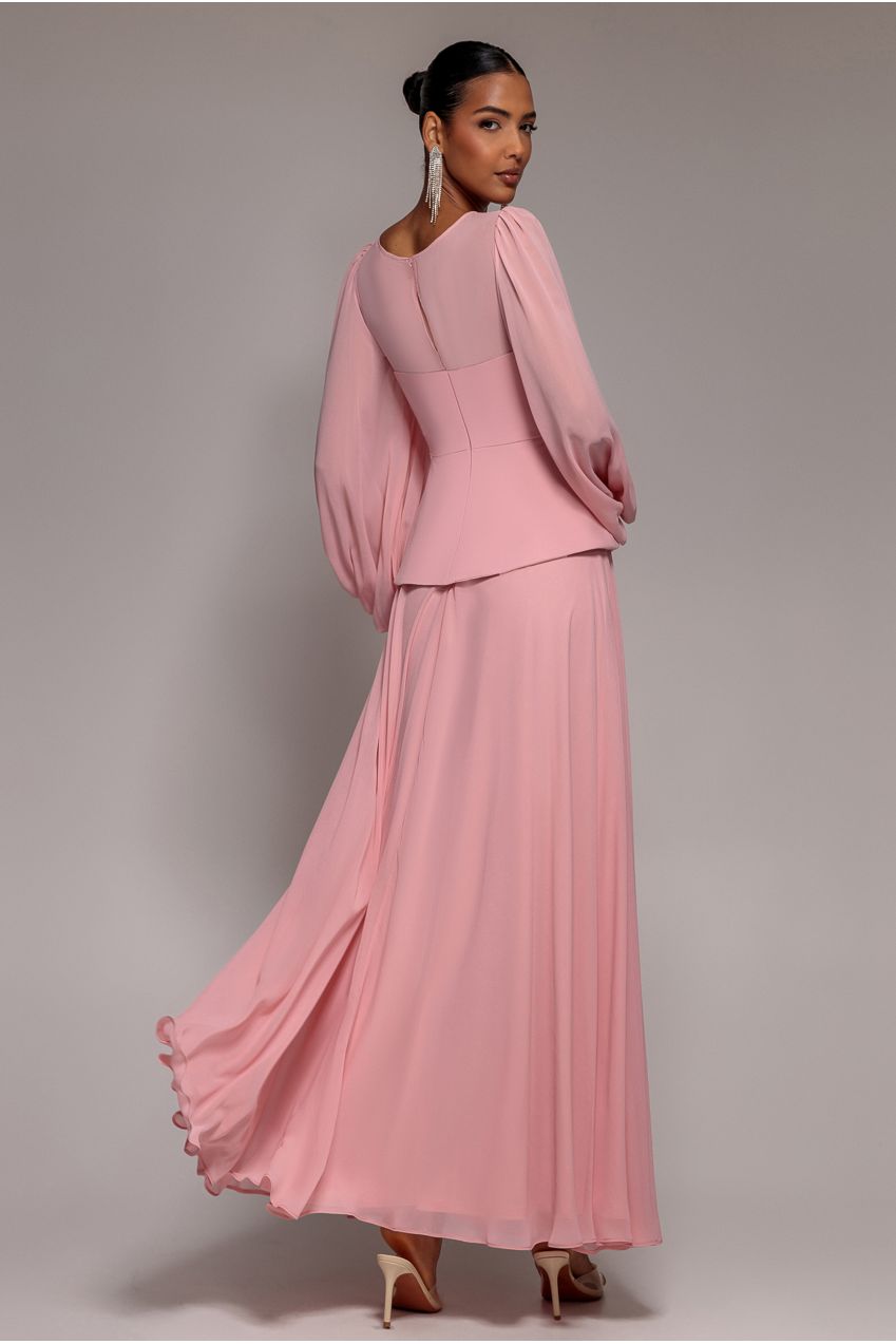 Bishop Sleeve Peplum Top Scuba Crepe And Chiffon Maxi Dress - Blush Pink DR4916